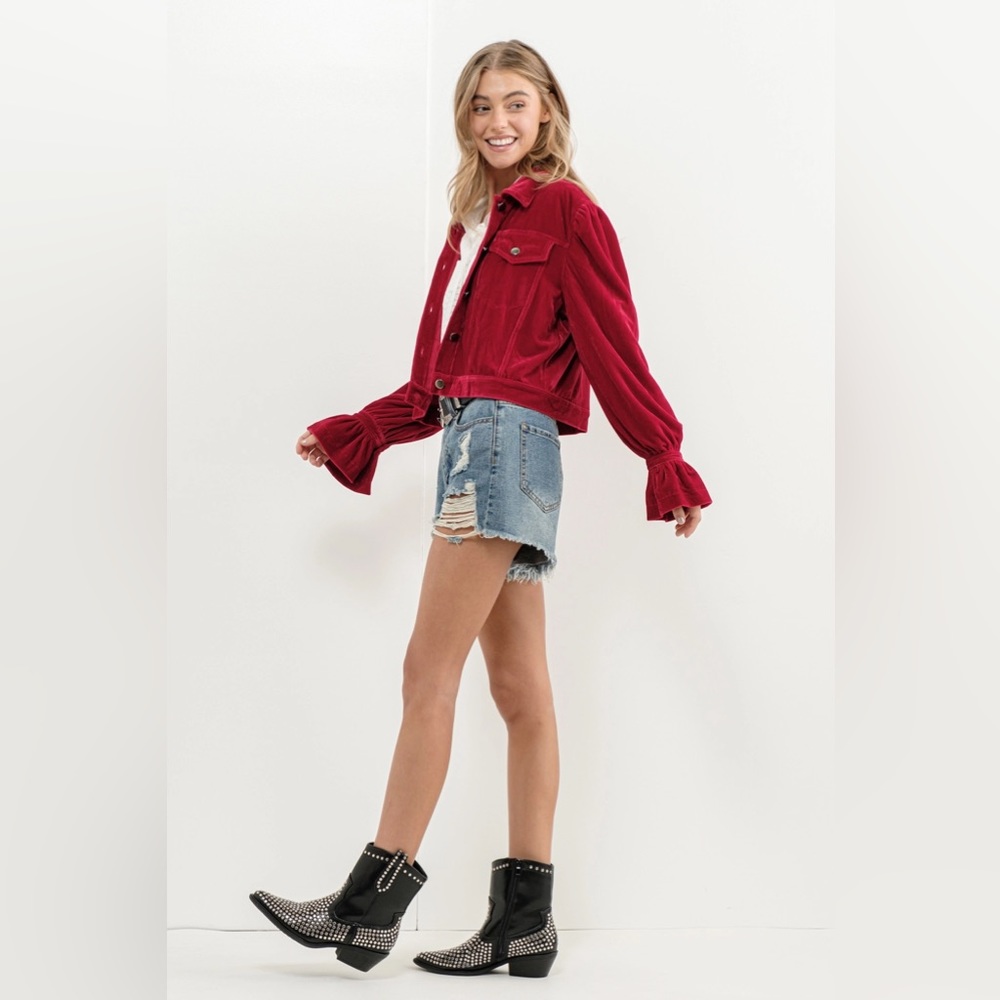 Velvet Puff Peet Sleeve Button Up Crop Jacket in Red - Picture 3 of 7